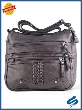 10 Pocket Crossbody Satchel Handbag - Soft PU Leather Shoulder Bag